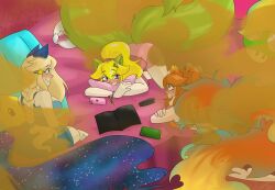 3girls blonde_hair fart fart_cloud fart_fetish kitsune mario_(series) orange_hair princess_daisy princess_peach princess_rosalina r3draynb0w sleepover