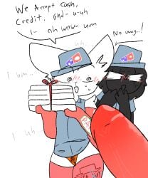 2people anthro blushing canine_penis clothing dialogue domino's_pizza dominos_(dominospizzadelieveryguy) dominospizzadelieveryguy furry holding_object pizza pizza_thot self_upload simple_background surprised tagme wide_eyed