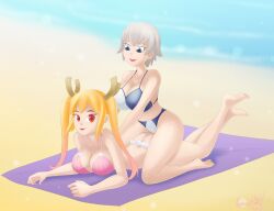 2girls ass beach bikini blonde_hair blue_eyes cleavage female female_focus female_only frilled_bikini glamourpink horns long_hair looking_at_viewer massage miss_kobayashi's_dragon_maid on_stomach red_eyes rubbing short_hair sitting_on_person smile summer sunbathing swimsuit tohru_(dragon_maid) towel twintails uzaki-chan_wa_asobitai! uzaki_hana white_hair