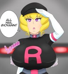 alternate_breast_size blonde_hair brainwashing breast_expansion collar domino_(pokemon) empty_eyes huge_breasts hypnosis hypnotic_accessory kobi-tfs kobi94 mind_control nintendo pokemon purple_eyes salute team_rocket transformation