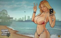 big_breasts bikini bimbo bimbofication blonde_hair bracelet cellphone cleavage erect_nipples femsub grand_theft_auto grand_theft_auto_online grand_theft_auto_v gtav_cover_girl huge_breasts karika3323 logo long_hair navel necklace oppressor_mark_ii phone text thick_thighs v