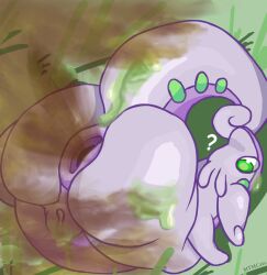 absurd_res all_fours antennae_(anatomy) anthro anus ass bird's-eye_view bodily_fluids cum cum_in_pussy cum_inside cum_on_butt fart fart_cloud fart_fetish farting female gas gas_cloud genital_fluids genitals goodra grass green_sclera hi_res high-angle_view mtmcats nintendo nude plant pokémon_(species) pokemon pokemon_(species) presenting puffy_anus purple_body purple_skin pussy raised_tail simple_background slime solo video_games