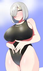 black_swimsuit blue_sky breasts closed_eyes competition_swimsuit female from_below hair_ornament hair_over_one_eye hairclip hamakaze_(kantai_collection) hauto-san highres huge_breasts kantai_collection one-piece_swimsuit short_hair silver_hair sky smile solo swimsuit wet wet_clothes wet_swimsuit