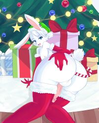 anthro ass candy candy_cane christmas christmas_clothing christmas_headwear christmas_present clothing dessert digital_media_(artwork) food genitals gift girly harulina headgear headwear hi_res holidays lagomorph leporid looking_at_viewer male mammal penis rabbit solo themadrabbit