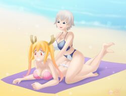 2girls ass beach bikini blonde_hair blue_eyes cleavage clenched_teeth embarrassed female female_focus female_only frilled_bikini glamourpink horns humiliation killer_lotion long_hair massage miss_kobayashi's_dragon_maid on_stomach peril punishment red_eyes rubbing scared short_hair sitting_on_person snuff summer sunbathing swimsuit tohru_(dragon_maid) towel twintails uzaki-chan_wa_asobitai! uzaki_hana white_hair