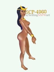 1girls artist_name blue_black_hair breasts dark-skinned_female dark_skin female female_focus female_only gold_jewelry headress jewelry kedesh-nanaya looking_at_viewer naked naked_female nude nude_female scp scp-4960 scp_foundation sellingnsfwart smile smiling text title