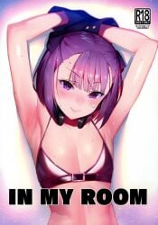 armpit_crease armpits arms_up fate/grand_order fate_(series) flat_chest hands_up helena_blavatsky_(fate) helena_blavatsky_(swimsuit_archer) jagayamatarawo looking_at_viewer revealing_clothes short_hair small_breasts smile smiling_at_viewer sweat swimsuit