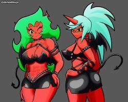 absurd_res ass big_breasts big_butt blue_hair breasts darkadibuja demon demon_humanoid duo female female/female green_hair hair hi_res human humanoid kneesocks_daemon mammal panty_&_stocking_with_garterbelt red_body red_skin scanty_daemon spade_tail