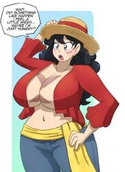 bimbo bimbofication black_hair blue_eyes blush breast_expansion breasts cleavage female female_only gender_transformation hair_growth hand_on_head hand_on_hip hi_res huge_breasts kobi-tfs kobi94 long_hair luffyko monkey_d_luffy mtf_transformation navel one_piece open_mouth rule_63 scar shounen_jump straw_hat text transformation unaware wide_hips