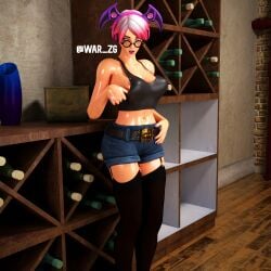 3d belt big_breasts blender callisto_(fortnite) curvy_female fortnite garters glasses headphones looking_at_viewer makeup nipple_visible_through_clothes oiled painted_nails shorts tank_top teasing war_zg