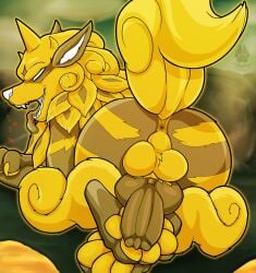 anus arcanine balls canid canine feral foot_fetish foot_rub genitals hi_res hisuian_arcanine knot male mammal nintendo pawpads pawzzhky pokémon_(species) pokemon pokemon_legends:_arceus regional_form_(pokémon) solo