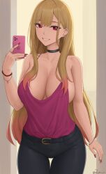 1girls belt big_breasts blonde_hair breasts cellphone choker cleavage contact_lens female gyaru kitagawa_marin long_fingernails long_hair mirror mirror_selfie nail_polish phone ring selfie sideboob smartphone solo sono_bisque_doll_wa_koi_wo_suru tagme zaphn