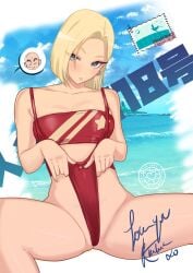 1boy 1girls 2022 absurd_res android_18 bald beach bikini_tug black_eyes blonde_hair blue_eyes breasts character_name cleavage cloud datli64 dragon_ball dragon_ball_z earrings english_text eyebrows_visible_through_hair eyes_visible_through_hair female female_focus highleg highleg_bikini highres husband_and_wife japanese_text jewelry krillin kuririn looking_at_viewer male medium_breasts ocean postage_stamp postcard red_bikini self_wedgie sitting sky smile spread_legs star strapless strapless_bikini swimsuit text thighs water wedgie