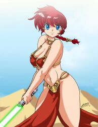 1girls belly_dancer belly_dancer_outfit blue_eyes braided_hair cleavage crossover desingahv harem_girl harem_outfit large_breasts lightsaber loincloth long_hair looking_at_viewer ranma-chan ranma_1/2 ranma_saotome red_hair slave slave_bikini slave_leia_(cosplay) slave_outfit slavegirl thick_thighs