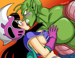 1boy 1girls aged_up big_breasts blush cheating_wife chichi chichi's_armor chichi's_helmet chiomomo dragon_ball dragon_ball_z green_skin highres imminent_sex light-skinned_female light_skin mature_female milf muscular_male piccolo touching