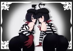 2021 2girls :3 absurd_res ass bandana bare_shoulders bent_over beret big_ass black_eyes black_hair black_sclera blush bob_cut bonbon_(derpixon) chuchu_(derpixon) clothed clothing datli64 detached_sleeves facial_markings female female_only gloves gradient_background grey_background hand_on_ass heart heart_marking highres looking_at_viewer looking_back matching_hair/eyes mime mime_and_dash multiple_girls pac-man_eyes pants presenting red_gloves shirt short_hair smile star star_marking striped striped_shirt stripes tank_top thighs tight_pants v white_eyes