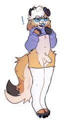 anthro bag_of_lewds blep blue_body blue_clothing blue_eyes blue_fur blue_tongue blush blush_lines bovid brown_body brown_fur canid canine canis caprine claws clothed clothing clothing_lift domestic_dog exclamation_point eyewear fluffy fur genitals glasses goat hair half-closed_eyes hi_res horn horn_markings humanoid_genitalia humanoid_penis hybrid long_ears male mammal marbles_(bag_of_lewds) markings multicolored_tail narrowed_eyes orange_body orange_fur pawpads paws penis shirt shirt_lift solo tail_markings tongue tongue_out topwear two_tone_tail white_body white_fur white_hair yellow_body yellow_fur