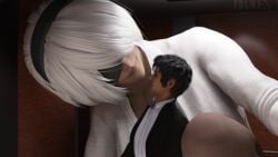 1boy 1girls 3d blindfold bradengts breasts female giantess light-skinned_female light_skin macro male nier nier:_automata office_lady white_hair yorha_2b