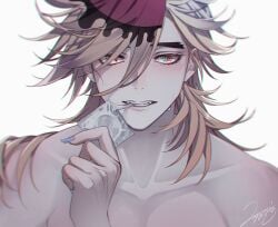 blonde_hair blue_nails condom_in_mouth condom_wrapper demon_boy demon_slayer douma fangs hair_between_eyes hair_over_one_eye kimetsu_no_yaiba long_fingernails long_hair_male looking_at_viewer male male_only multicolored_eyes multicolored_hair omiomi038 pale-skinned_male pale_skin rainbow_eyes solo spiky_hair sweat thick_eyebrows upper_body