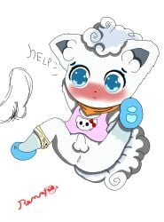 alolan_vulpix anus balls blue_eyes blush blushing_profusely calling_for_help clothed clothed_feral clothing cub english_text feral fur furry genitals hair hands_behind_head hello_kitty hello_kitty_(character) hello_kitty_(series) hi_res kitty_white legband male nekomaryciutty nintendo one_leg_up orange_scarf penis pink_clothing pink_shirt pink_topwear pokemon pokemon_(species) raised_leg regional_form_(pokémon) sanrio scarf shirt signature simple_background solo solo_male spread_legs spreading tank_top text topwear video_games vulpix white_background white_body white_fur white_hair