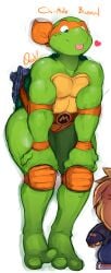 0r0ch1 anthro elbow_pads feet green_body green_skin heart knee_pads male male_only mask melee_weapon michelangelo_(tmnt) nunchaku reptile scalie shell smile solo teenage_mutant_ninja_turtles thick_thighs tongue tongue_out turtle weapon