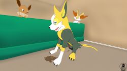 16:9 anatomically_correct angry animal_genitalia animal_penis bodily_fluids boltund braixen canid canine canine_penis carpet desperation eevee feral furniture genital_fluids genitals group hi_res lycadio male mammal nintendo peeing penis pokémon_(species) pokemon pokemon_(species) sad sofa trio urine video_games watersports widescreen