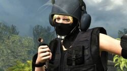 angry blonde_hair blue_eyes caught giantess grabbing gsg9 helmet iq_(rainbow_six) military military_uniform operator rainbow_six rainbow_six_siege shrunken_lover size_difference smaller_male tactical_gear