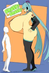 1boy alternate_breast_size big_breasts bigger_female breasts breasts_bigger_than_head busty color colored edit edited english_text faceless_male female gigantic_breasts hatsune_miku huge_breasts large_breasts legwear long_twintails male massive_breasts sinensian size_difference smaller_male thick_thighs thighhighs thighs twintails vocaloid