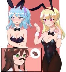 2koma 3girls bang_dream! blonde_hair blue_hair blush bow bowtie breasts brown_hair cleavage comic embarrassed fake_ears fake_facial_hair fake_mustache green_eyes hanazono_tae leotard long_hair matsubara_kanon multiple_girls playboy_bunny purple_eyes rabbit_ears shirasagi_chisato side_ponytail sweat