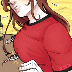 alcohol beer breasts breasts_on_table brown_hair crushed crushed_by_breasts drawing giantess hands heavy hollewdz lips macrophilia naughty_face pixiv powerful_breasts red_shirt shrinking shrunken squish squishing table