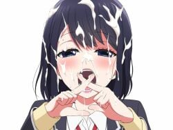 black_hair blue_eyes bukkake cum cum_on_face cum_on_fingers cum_on_hair eyelashes facial female half-closed_eyes kh-fullhouse lips looking_at_viewer open_mouth parody school_uniform solo takasaki_misaki_(koi_to_uso) white_background x_fingers