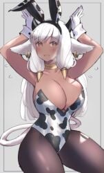 1girls @_@ alternate_costume ash_(fire_emblem) bangs breasts brown_eyes bunny_ears bunny_girl bunnysuit cleavage cow_girl cow_print dark-skinned_female dark_skin female female_only fire_emblem fire_emblem_heroes gesture huge_breasts juneplums long_hair nervous nervous_smile nintendo open_mouth pantyhose smile solo thick_thighs white_hair