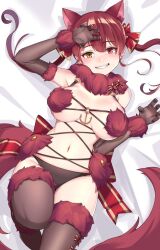 anchor_ornament animal_ear_fluff animal_ears bangs bed_sheet black_panties blush bow breasts breasts_apart brown_gloves brown_legwear claw_pose commentary_request cosplay ear_piercing elbow_gloves eyebrows_visible_through_hair fake_animal_ears fake_tail fate/grand_order fate_(series) female from_above fur fur-trimmed_legwear fur_collar fur_cuffs fur_trim gloves grin hairbow heterochromia hololive hololive_fantasy hololive_japan houshou_marine knee_up large_breasts long_hair looking_at_viewer lying mash_kyrielight mash_kyrielight_(dangerous_beast) mash_kyrielight_(dangerous_beast)_(cosplay) oerba_yun_fang on_back panties piercing red_bow red_eyes red_hair red_ribbon ribbon shiroi_ume smile solo tail twintails underwear virtual_youtuber wolf_ears wolf_tail yellow_eyes