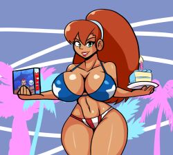 1girls american_flag_bikini bikini bimbo brown_hair cake candy_suxxx cowboy_shot curvy_female facing_viewer grand_theft_auto grand_theft_auto:_vice_city green_eyes hourglass_figure iggy-bomb large_breasts legs_together lipstick long_hair looking_at_viewer meme picket_fences_(series) red_hair solo standing tagme thick_thighs wide_hips