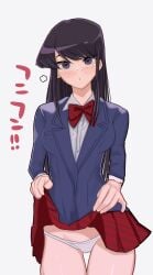 1girls 2021 :o absurd_res black_eyes black_hair blush bow bowtie breasts clothed clothing datli64 female female_only highres jacket komi-san_wa_komyushou_desu komi_shouko lifted_by_self long_hair looking_at_viewer matching_hair/eyes medium_breasts open_mouth panties pleated_skirt school_uniform shirt simple_background skirt skirt_lift solo standing text thigh_gap thighs underwear uniform white_background white_panties