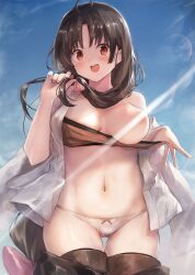 ahoge areolae bandeau black_hair blush breasts brown_bandeau brown_eyes censored cowboy_shot female groin kantai_collection large_breasts light_rays long_hair navel open_mouth panties shouhou_(kantai_collection) smile solo teeth toka_(marchlizard) underwear upper_teeth very_long_hair white_panties