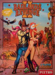 1boy 1girls arcade badlands_revenge breasts clothed_male_nude_female cowboy edit female grand_theft_auto grand_theft_auto_online grand_theft_auto_v green_earrings gtauto-x gun innie_pussy male nipples nude poster pussy rollerskates shaved_crotch shaved_pussy sheriff shooting vomit