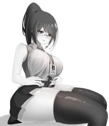 anime_style black_and_white black_hair black_skirt eyes_open giantess glasses holding long_hair macrophilia pixiv shirt shrinking skirt thigh-highs thighs