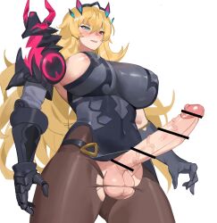 1futa areola_slip balls bar_censor barghest_(gawain)_(fate) big_balls big_breasts blonde_hair breasts censored clothed clothing erection fate_(series) futa_only futanari gauntlets heterochromia huge_cock human light-skinned_futanari light_skin long_hair mostly_clothed muscular_futanari oreomanko penis solo standing torn_clothes torn_clothing