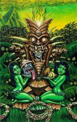 2girls apple artist_request bandana bare_arms bare_back bare_legs bare_shoulders bare_thighs barefoot belly_button black_hair blue_highlights cleavage female fruit girls gore grass_skirt green_eyes green_skin jungle jungle_girl long_hair midriff navel pineapple tiki tongue_out topless volcano