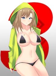 absurdres bangs bikini black_bikini blue_eyes breast_tattoo breasts eunie_(xenoblade) eyebrows_visible_through_hair female gradient gradient_background green_hoodie highres hood hoodie large_breasts long_hair looking_at_viewer narrow_waist open_clothes open_hoodie simple_background solo swimsuit tattoo thighs tiredtorto xenoblade_chronicles_(series) xenoblade_chronicles_3