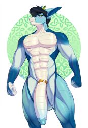 abs absurd_res accessory anthro big_penis blue_body blue_scales blue_sclera cock_ring dragon genitals green_eyes hi_res jewelry male muscular muscular_anthro muscular_male nude penis penis_accessory penis_jewelry scales solo solo_focus torou