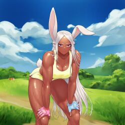 1girls athletic athletic_female bent_over brown_body brown_skin bunny_ears calad_g cleavage clothed dark-skinned_female dark_skin female female_only fit fit_female fully_clothed hands_on_knees miruko my_hero_academia rumi_usagiyama solo solo_female sportswear sweat sweaty sweaty_body thick_thighs