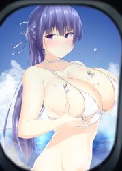 anime_style bikini blue_hair breasts giantess hot_air_balloon long_hair macrophilia perspective pixiv purple_eyes purple_hair sky white_bikini