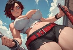 1girls ai_generated annoyed_expression big_breasts breast_expansion clickyclacky mommy no_bra outdoors ruby_rose rwby torn_clothes torn_shirt