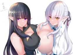 2girls black_hair breast_focus breast_press breasts breasts_on_breasts breasts_pressed_together cleavage cleavage_cutout cleavage_window clothed elf elf_ears elf_female eyeshadow female_focus female_only huge_breasts large_breasts long_hair mole nipple_bulge okuri_banto original original_character pasties pointy_ears purple_eyes signature simple_background tassel white_hair yellow_eyes