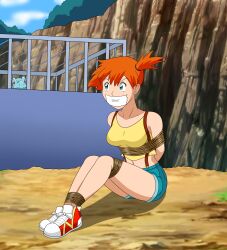 1girls arms_tied_behind_back blue_eyes bondage bound_ankles bound_legs cage female female_only gag gagged human kasumi_(pokemon) orange_hair pokemon pokemon_(species) shoes sitting_on_ground sneakers solo tape_gag totodile