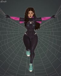 1girls aged_up brown_eyes brown_hair converse curvy dark-skinned_female dark_background dark_skin female grown_up hourglass_figure long_hair looking_at_viewer marvel natalie_(rocner) natalie_morales original_character rocner sneakers solo spider-man:_across_the_spider-verse spider-man:_into_the_spider-verse spider-man_(series) tagme web