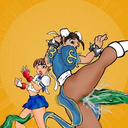 2girls chun-li female human multiple_girls russkere straight_hair street_fighter tagme tentacle