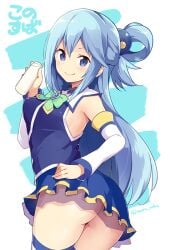 1girls aqua_(konosuba) armpits ass bare_shoulders blue_hair blush breasts butt_crack closed_mouth detached_sleeves female female_only goddess hand_on_own_hip kono_subarashii_sekai_ni_shukufuku_wo! long_hair medium_breasts milk_bottle miniskirt no_panties ponytail rokushou_kokuu shiny_skin sideboob skirt smile solo thighhighs thighs white_thighhighs zettai_ryouiki